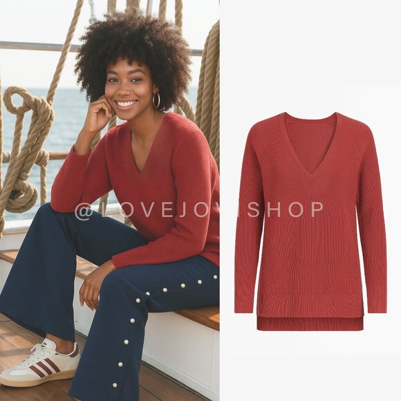 Minimalist | Athleta Brick Red V-Neck Sweater | Sunset Rust Merino Cable Knit - Picture 1 of 14